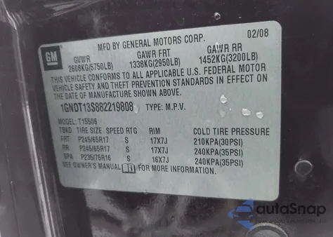 2008 Chevrolet Trailblazer Lt z USA, uszkodzony, nr VIN 1GNDT13S882219808